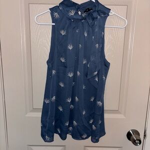 Ann Taylor Blue Blouse with White Leaf Design